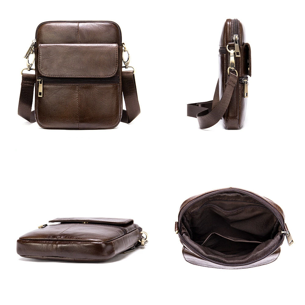 (image for) Ekphero Zipper Genuine Leather Messenger Bags Business Small Crossbody Bag Casual Travel Flap Shoulder Bag